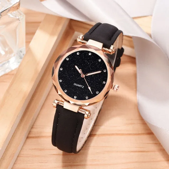 Women Romantic Wrist Watch bracelet Leather Rhinestone Ladies Clock