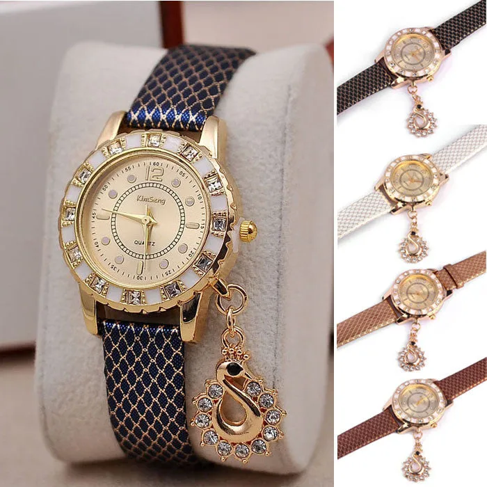 Women Vogue Dress Watches Swan Pendant Rhinestone Clocks Ladies Wristwatch