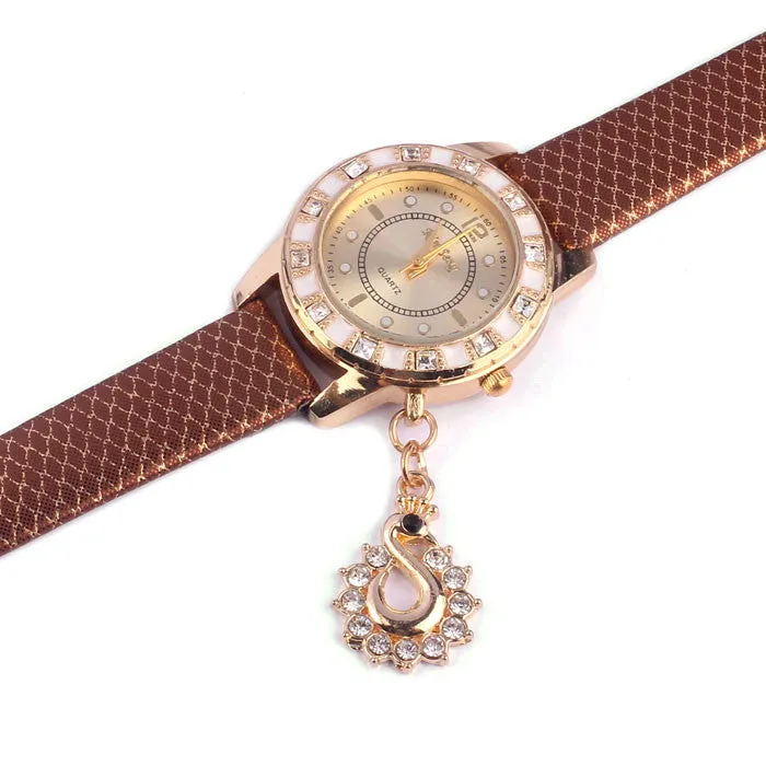 Women Vogue Dress Watches Swan Pendant Rhinestone Clocks Ladies Wristwatch