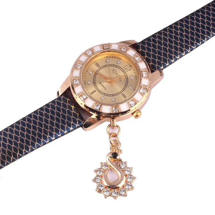 Women Vogue Dress Watches Swan Pendant Rhinestone Clocks Ladies Wristwatch