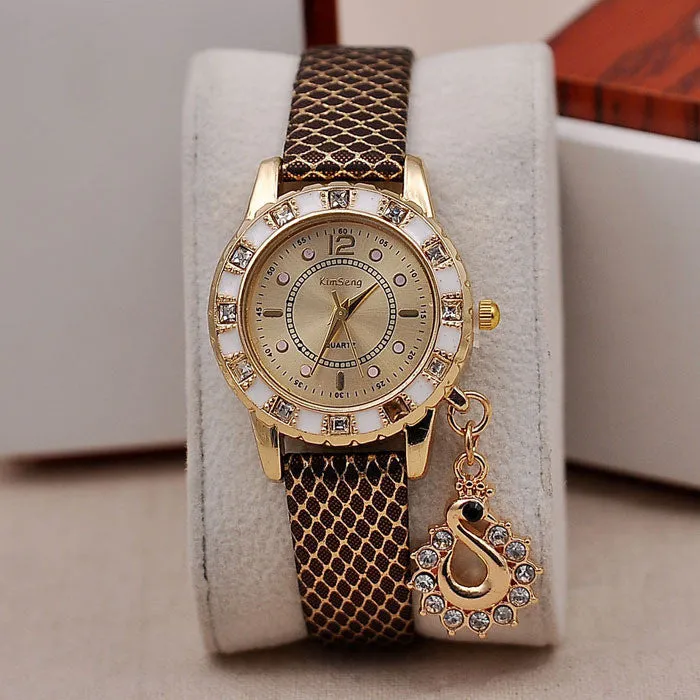 Women Vogue Dress Watches Swan Pendant Rhinestone Clocks Ladies Wristwatch