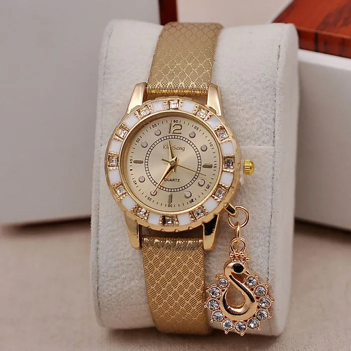 Women Vogue Dress Watches Swan Pendant Rhinestone Clocks Ladies Wristwatch