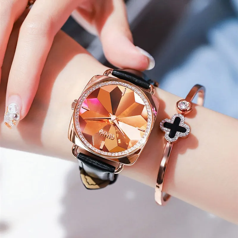 Women's Watch square rose gold diamond petals pattern dial leather strap stylish watch