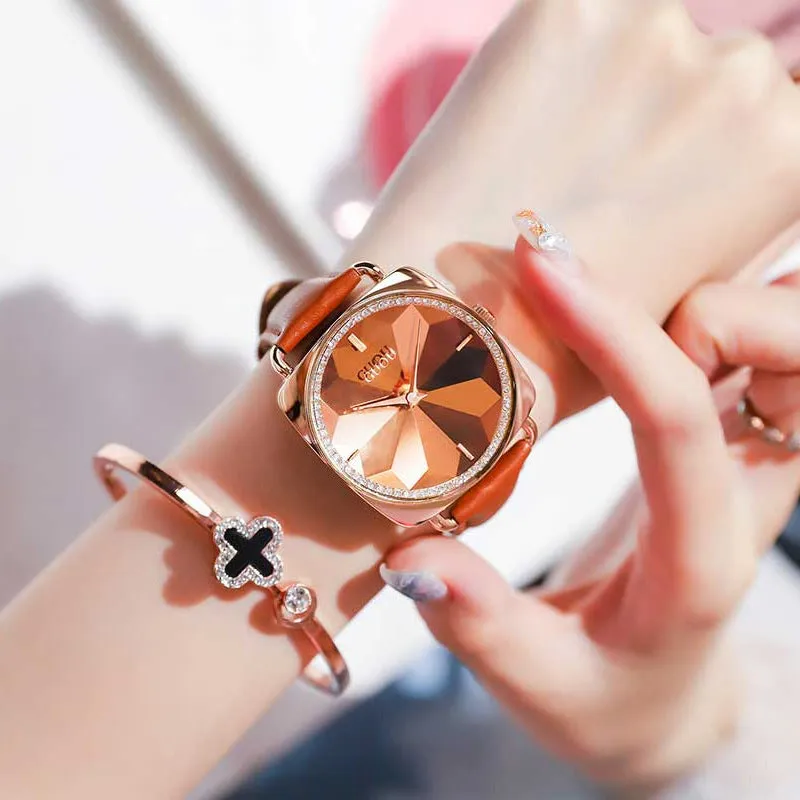 Women's Watch square rose gold diamond petals pattern dial leather strap stylish watch