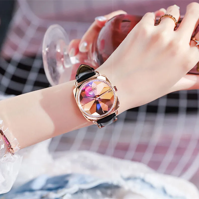 Women's Watch square rose gold diamond petals pattern dial leather strap stylish watch