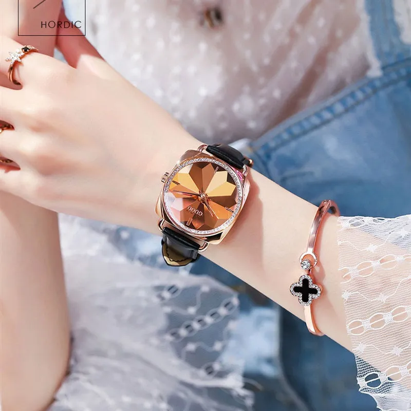 Women's Watch square rose gold diamond petals pattern dial leather strap stylish watch