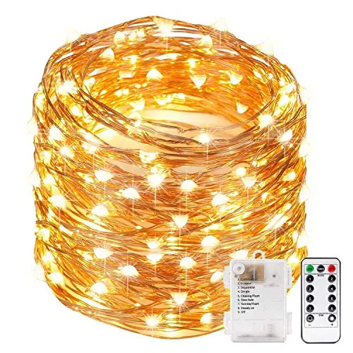 Xergy 10M 100 Led Powered by Battery Box and Remote and 8 Mode Functions Copper Wire Led Fairy String Lights Valentine Decoration (Warm White) Christmas Tree Decoration Lights Festival Rice Light