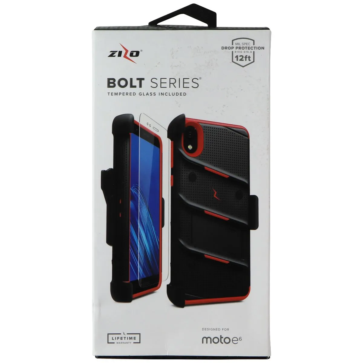 Zizo Bolt Series Case & Holster with Tempered Glass for Moto E6 - Black/Red